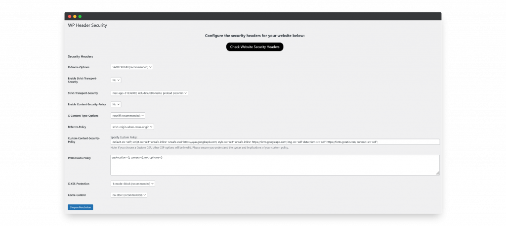 Konfigurasi WordPress Header Security